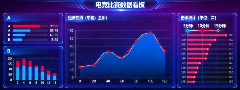电竞数据可视化仪表盘展示经济曲线与击杀统计